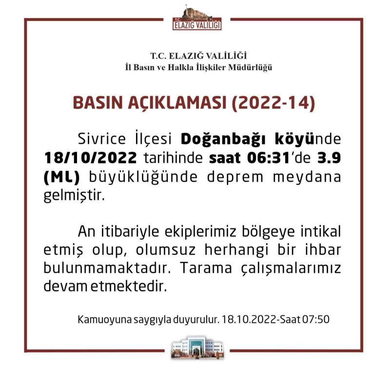 Elazığ Valiliğinden deprem açıklaması, “Olumsuz herhangi bir ihbar bulunmamaktadır”
