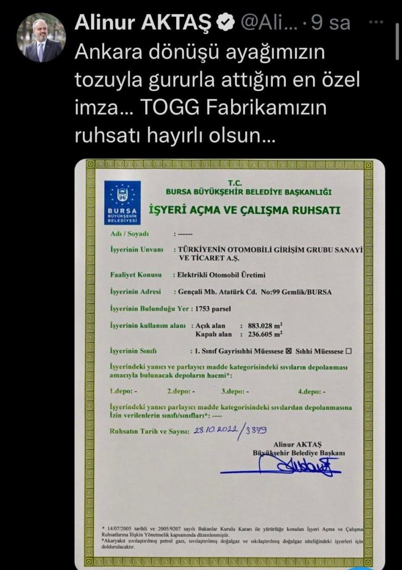 İşte TOGG Otomobil Fabrikası’nın ruhsatı
