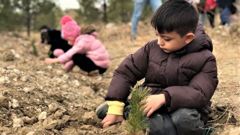 Minik eller fidanları toprakla buluşturuyor
