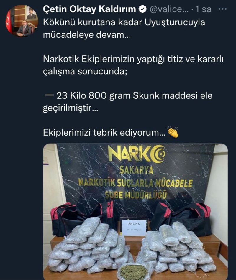 Sakarya’da 23 kilo 800 gram skunk ele geçirildi
