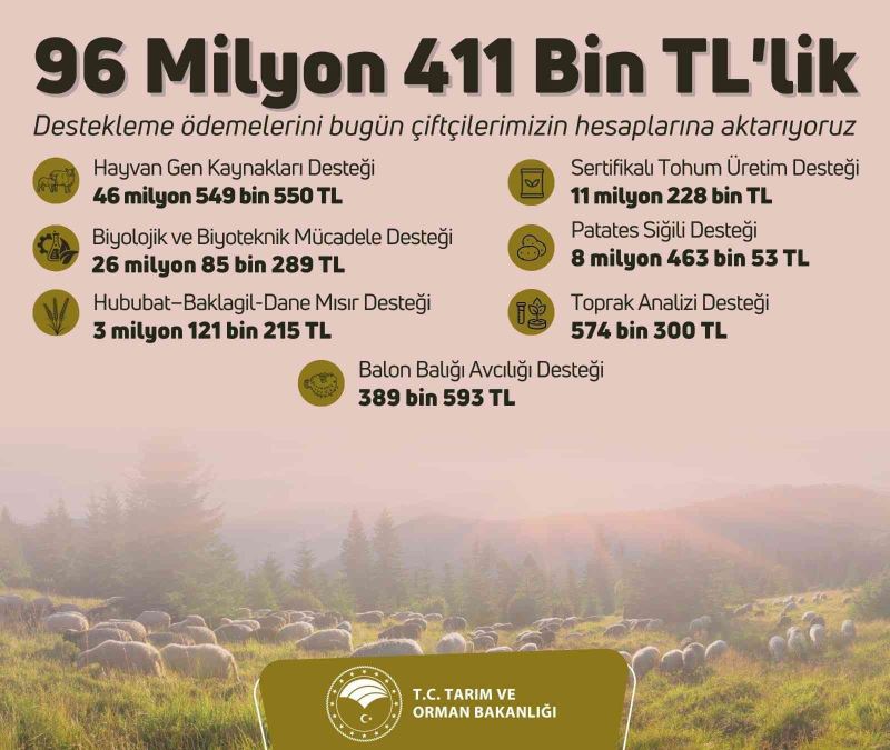 96 milyon 411 bin liralık tarımsal destekleme ödemeleri bugün çiftçilerin hesaplarına aktarılacak
