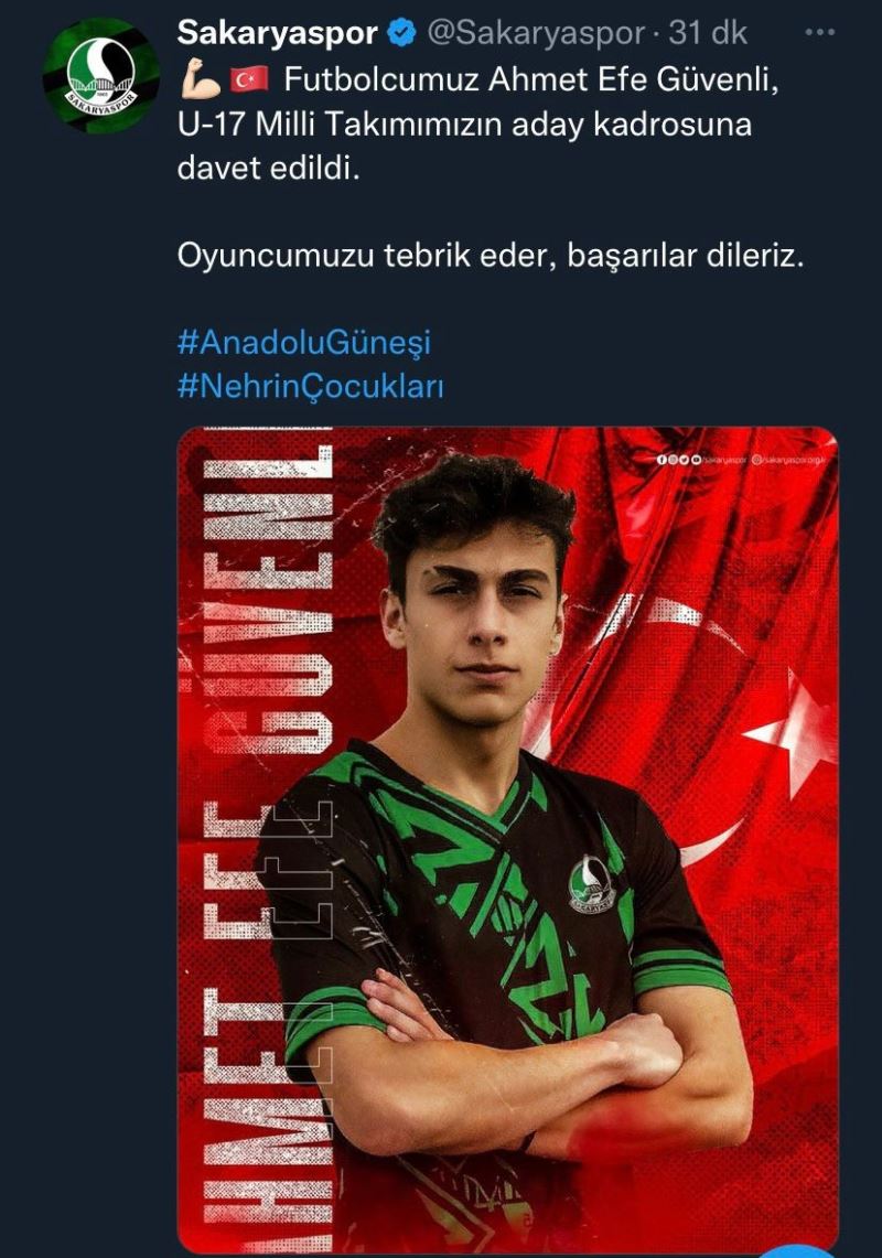 Sakaryasporlu Efe Güvenli, U-17 Milli Takımı aday kadrosuna davet edildi
