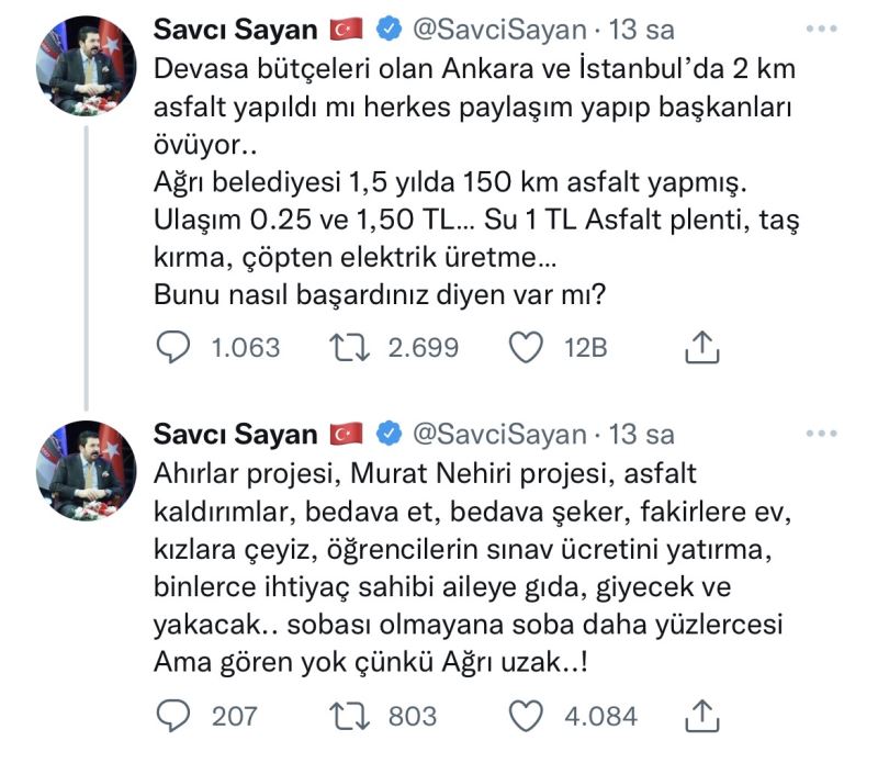 Başkan Sayan: “Ağrı’da yaptığımız projeleri gören yok”
