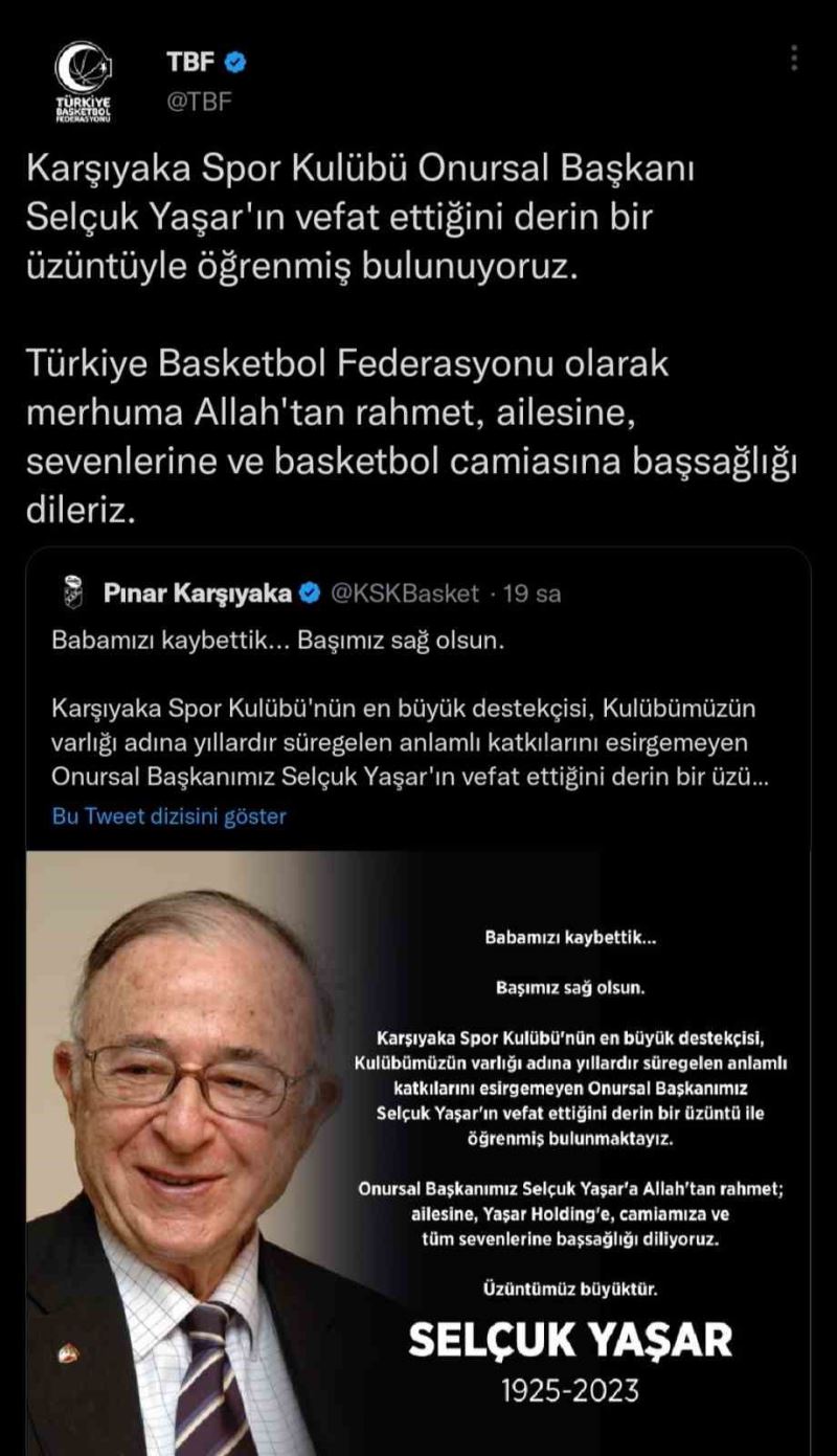 TBF’den Selçuk Yaşar için taziye mesajı
