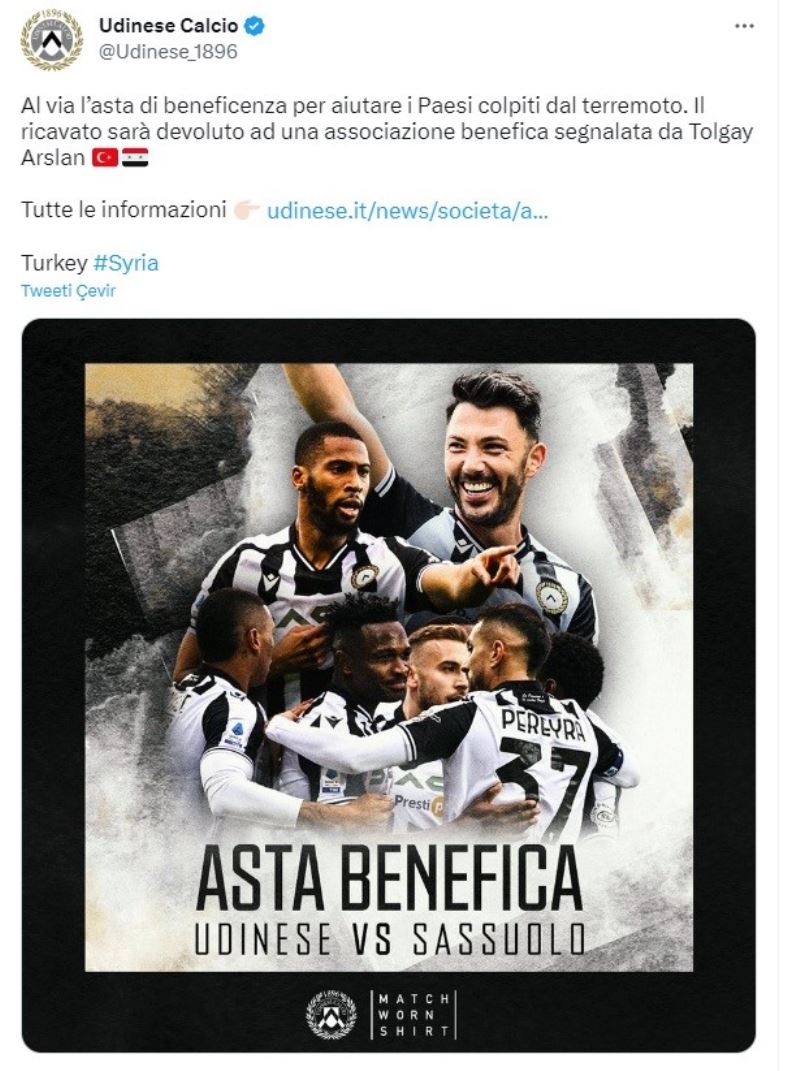 Udinese, depremzedeler için formalarını satışa çıkardı
