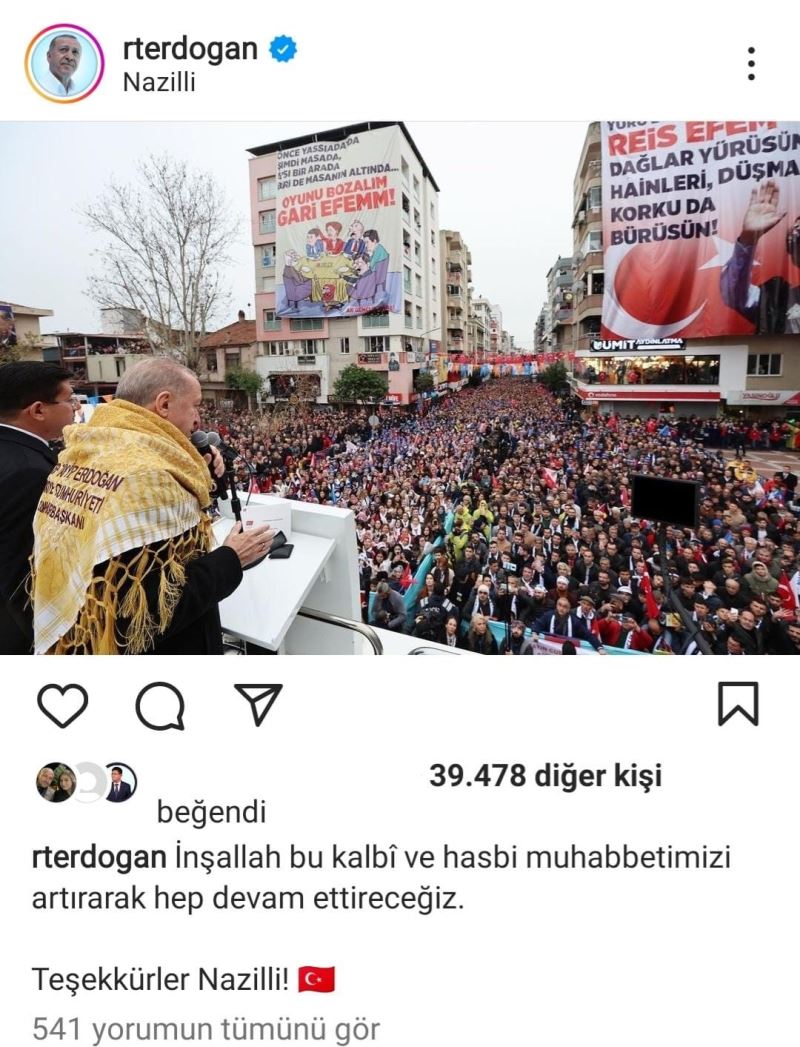 Cumhurbaşkanı Erdoğan’dan Nazilli’ye teşekkür
