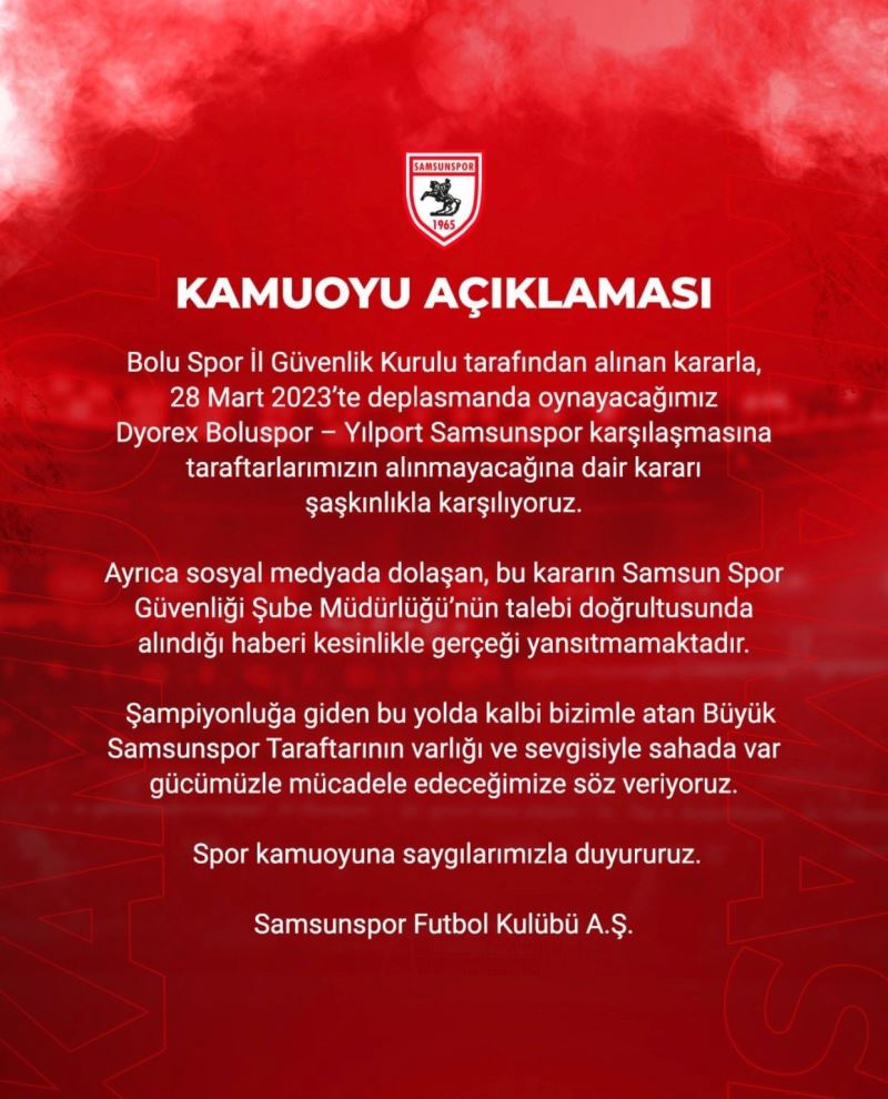 Samsunspor’dan ’taraftar yasağı’ açıklaması
