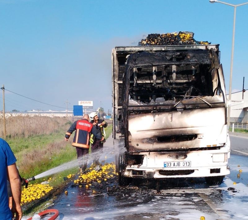 Limon yüklü kamyonda çıkan yangın maddi hasara neden oldu
