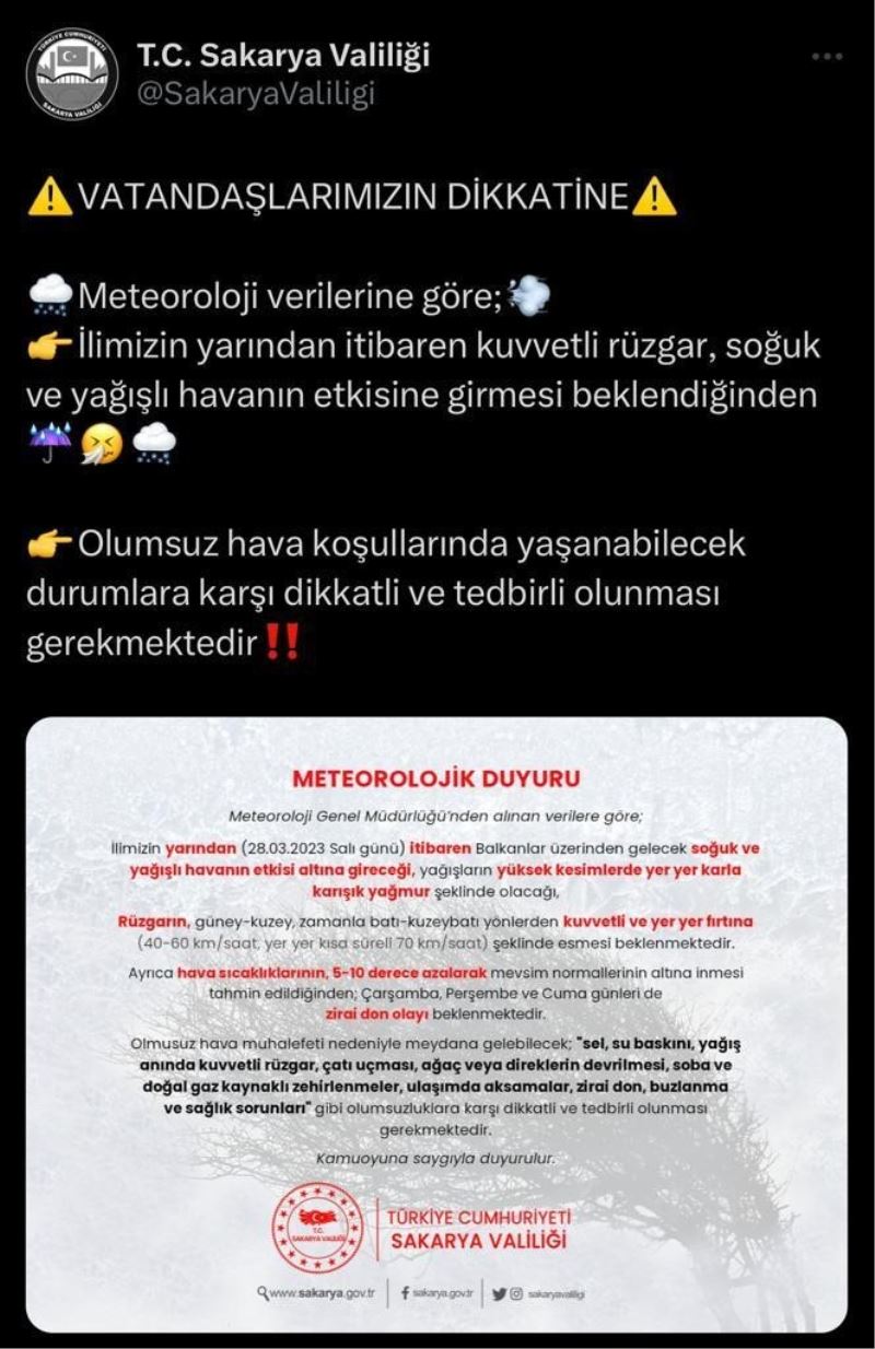 Valilikten kuvvetli fırtına ve sağanak yağış uyarısı
