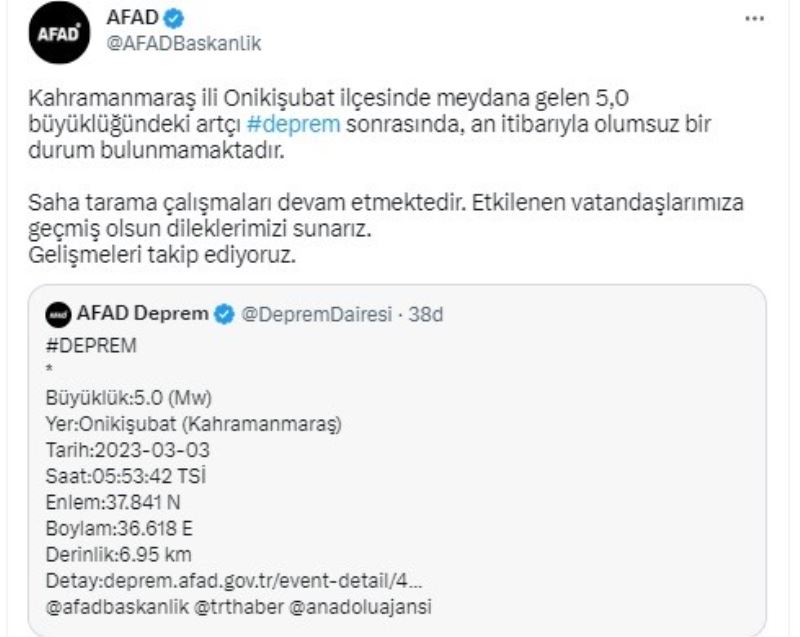 Kahramanmaraş’ta 5.0 büyüklüğünde deprem meydana geldi
