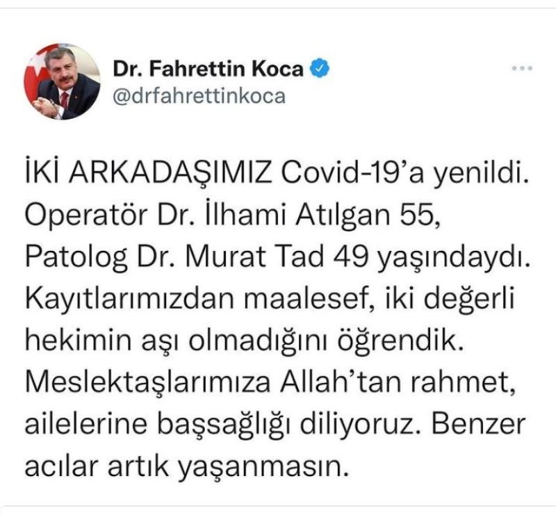 Aşı olmayan 2 tıp doktoru Kovid-19’dan vefat etti