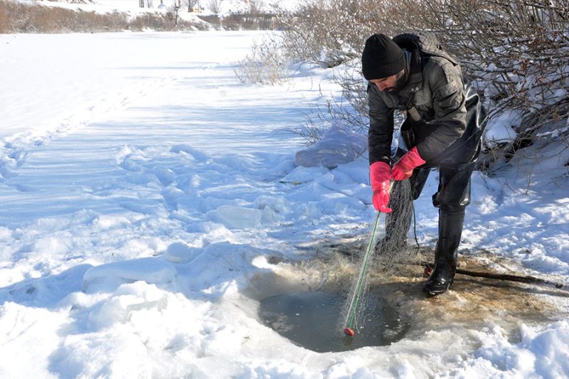 Yüksekova’da buz tutan derede kazma ve kürekli ’Eskimo usulü’ balık avı